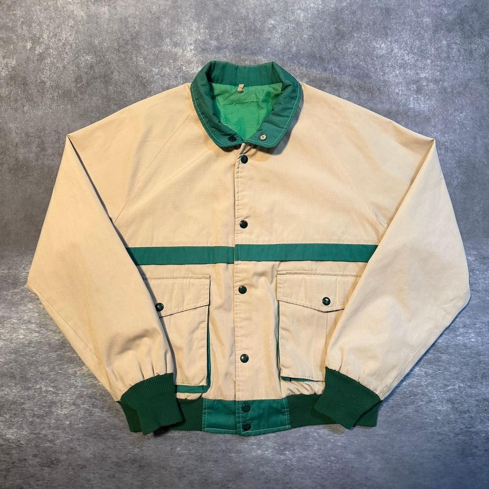 Vtg Derby Style Bomber Jacket Mens L Tan Green Canvas Workwear Cargo Pocket Flaw